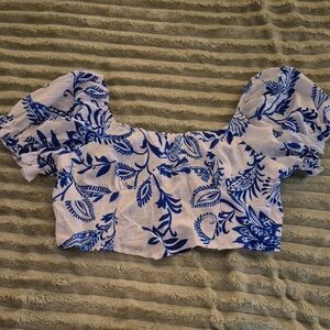 SHEIN White Crop Top with Blue Floral Print